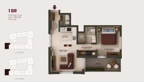 Valore: Plattegrond Type 1, 629 sq ft