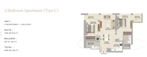 The Woods Serenity: Floor plan Type C, 888 sq ft