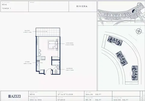 Azizi Riviera Reve: Floor plan Type 202-Tower 1, 444 sq ft