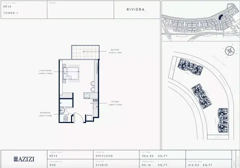 Azizi Riviera Reve: Floor plan Type 906-Tower 1, 414 sq ft