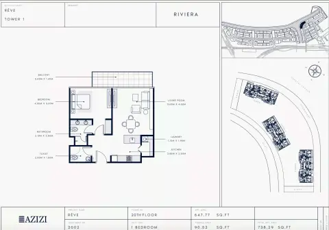 Azizi Riviera Reve: Floor plan Type 2002-Tower 1, 738 sq ft