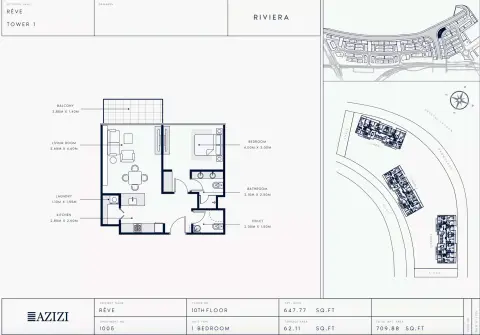 Azizi Riviera Reve: Floor plan Type 1005-Tower 1, 709 sq ft