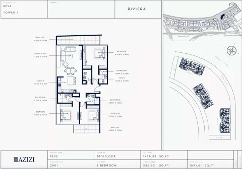 Azizi Riviera Reve: Floor plan Type 2001-Tower 1, 1,691 sq ft