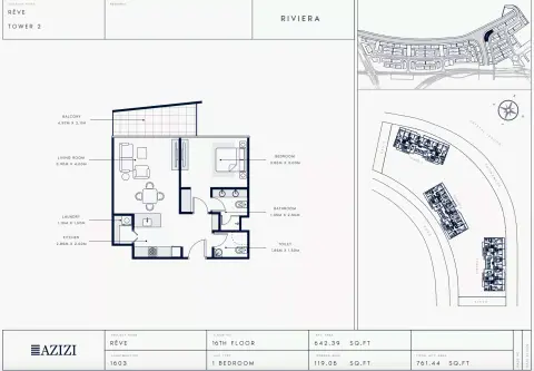 Azizi Riviera Reve: Floor plan Type 1603-Tower 2, 761 sq ft