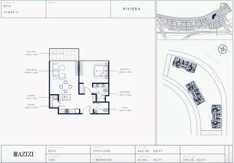Azizi Riviera Reve: Floor plan Type 1103-Tower 2, 709 sq ft