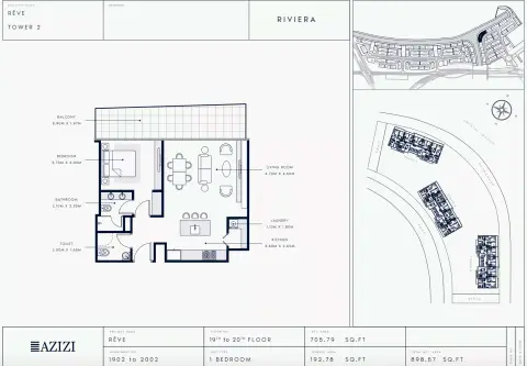 Azizi Riviera Reve: Floor plan Type 1902-Tower 2, 898 sq ft