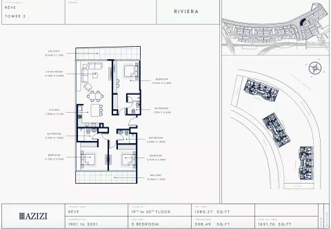 Azizi Riviera Reve: Floor plan Type 1901-Tower 2, 1,691 sq ft
