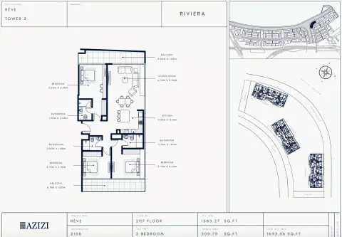 Azizi Riviera Reve: Floor plan Type 2105-Tower 2, 1,693 sq ft