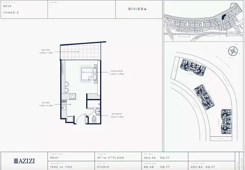 Azizi Riviera Reve: Floor plan Type 1002-Tower 3, 452 sq ft
