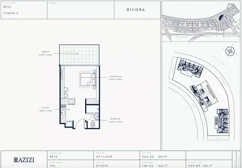 Azizi Riviera Reve: Floor plan Type 102-Tower 3, 509 sq ft