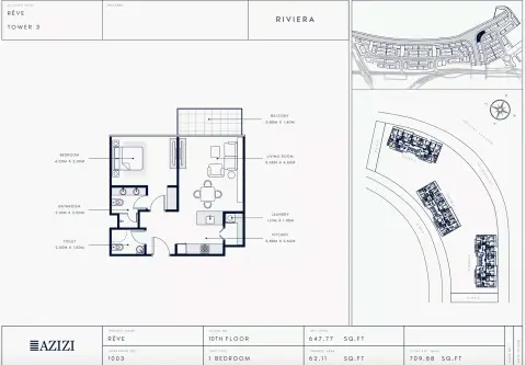Azizi Riviera Reve: Floor plan Type 1003-Tower 3, 709 sq ft
