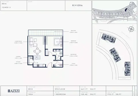 Azizi Riviera Reve: Floor plan Type 1904-Tower 3, 773 sq ft