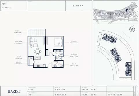 Azizi Riviera Reve: Floor plan Type 1104-Tower 3, 723 sq ft