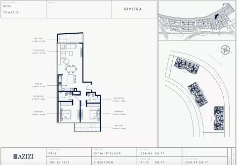 Azizi Riviera Reve: Floor plan Type 1201-Tower 3, 1,229 sq ft