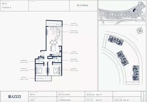 Azizi Riviera Reve: Floor plan Type 1007-Tower 3, 1,231 sq ft