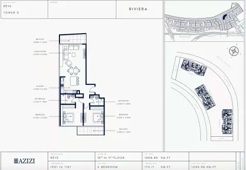 Azizi Riviera Reve: Floor plan Type 1001-Tower 3, 1,230 sq ft