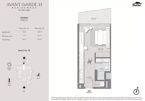 Avant Garde Residences Phase 2: Floor plan Type A1 - level 2 to 18, 434 sq ft