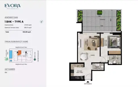 Evora Residences: Floor plan Type A, 1,012 sq ft