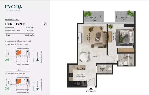 Evora Residences: Floor plan Type B, 766 sq ft
