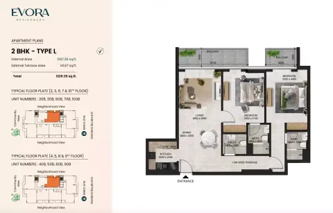 Evora Residences: Floor plan Type L, 1,229 sq ft