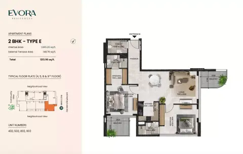 Evora Residences: Floor plan Type E, 1,213 sq ft
