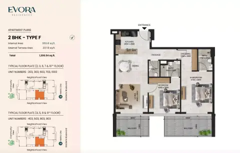 Evora Residences: Floor plan Type F, 1,206 sq ft