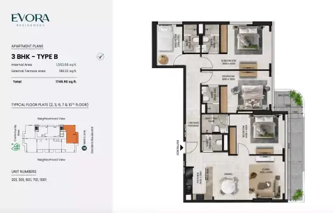 Evora Residences: Floor plan Type B, 1,749 sq ft