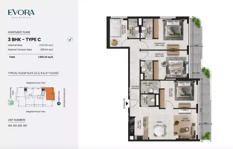 Evora Residences: Floor plan Type C, 1,850 sq ft