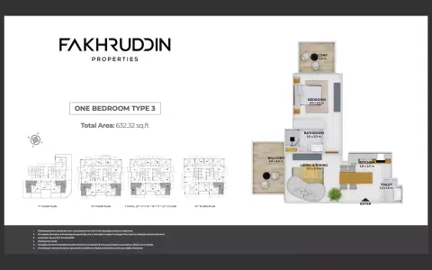 Treppan Tower: फ़्लोर प्लान Type 3, 632 sq ft