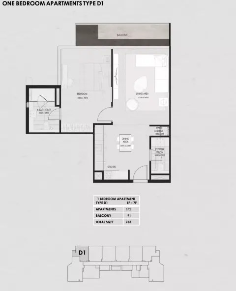 Wadi 645: Floor plan Type D1, 763 sq ft