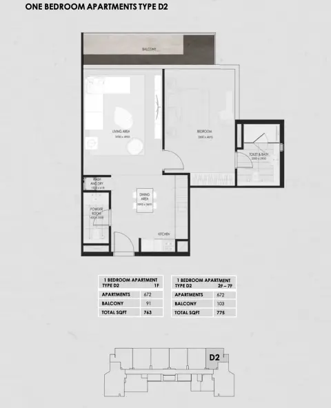 Wadi 645: Floor plan Type D2, 775 sq ft