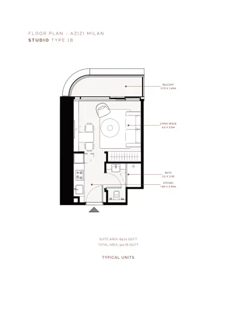 Azizi Milan 30: Floor plan Type 1B, 341 sq ft