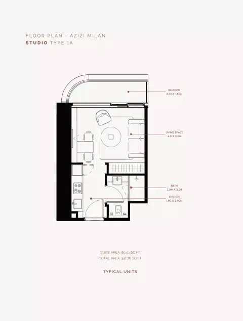 Azizi Milan 30: Floor plan Type 1A, 341 sq ft