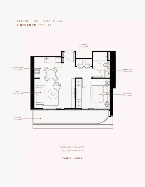 Azizi Milan 30: Floor plan Type 1A, 670 sq ft