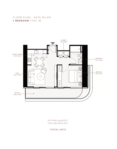 Azizi Milan 30: Floor plan Type 1B, 684 sq ft