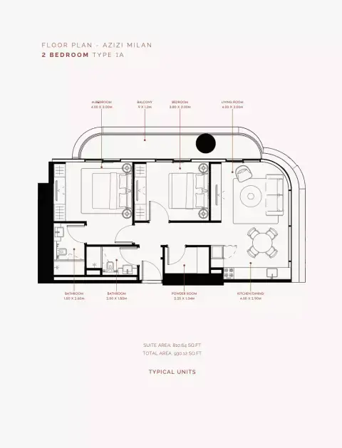 Azizi Milan 30: Floor plan Type 1A, 930 sq ft