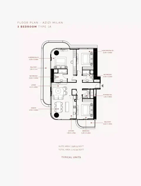 Azizi Milan 30: Floor plan Type 1A, 1,712 sq ft