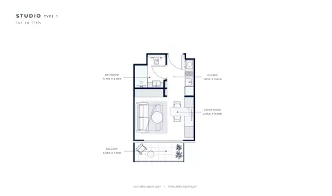 Azizi Venice 2: Floor plan Type 1, 335 sq ft
