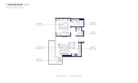 Azizi Venice 2: Floor plan Type 1, 666 sq ft
