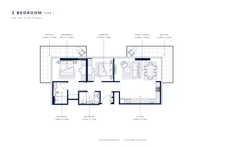 Azizi Venice 2: Floor plan Type 1, 1,249 sq ft