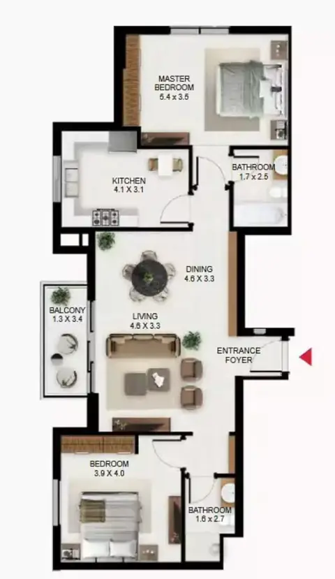 South Garden C: Floor plan Type E, 1,153 sq ft