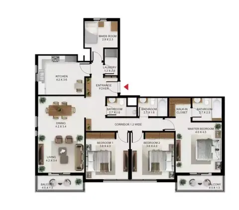 South Garden C: Floor plan Type B1, 1,844 sq ft