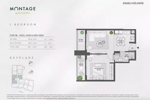 Montage: Floor plan Type 1B, 632 sq ft