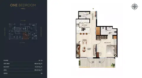 Kingdom Gate: Floor plan Type C, 832 sq ft