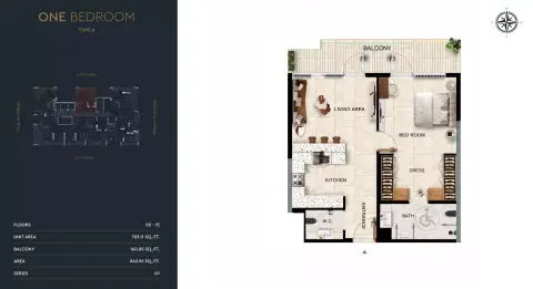 Kingdom Gate: Floor plan Type A, 843 sq ft