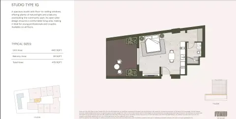 Aria Heights: Floor plan Type 1G, 479 sq ft