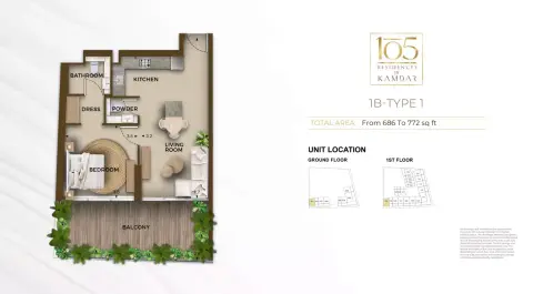 105 Residences: Floor plan Type 1, 686 sq ft