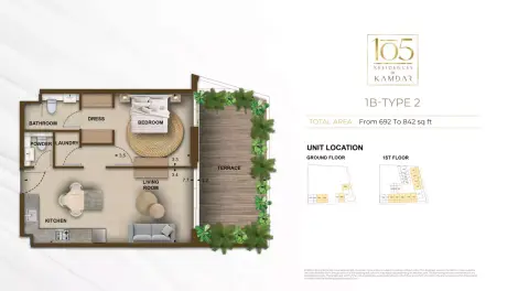 105 Residences: Floor plan Type 2, 692 sq ft