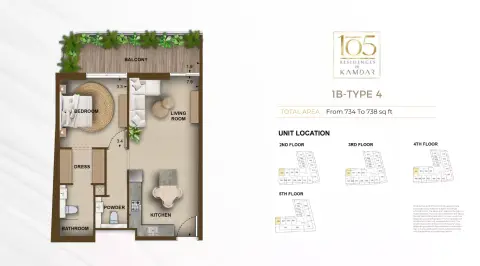 105 Residences: Floor plan Type 4, 734 sq ft
