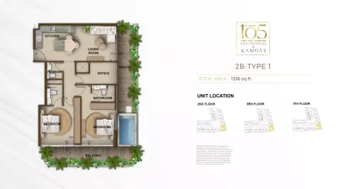105 Residences: Floor plan Type 1, 1,336 sq ft